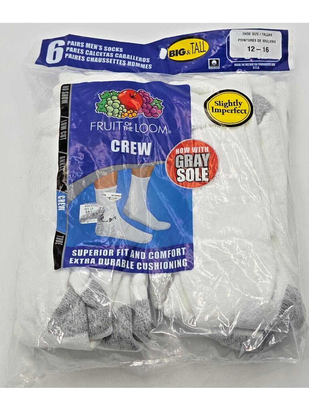 Fruit of the Loom Big Tall Crew Socks Men 12-16 6 Pair USA White Gray NOS